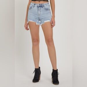 RISEN High Rise Rhinestone Strap Embellished Denim Shorts
